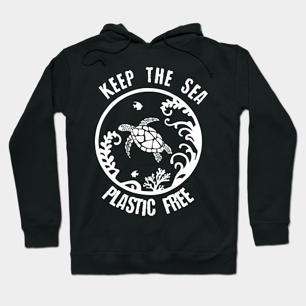 Sea Turtle Gift Print Keep The Sea Plastic Free Ocean Life Print Hoodie by Linco